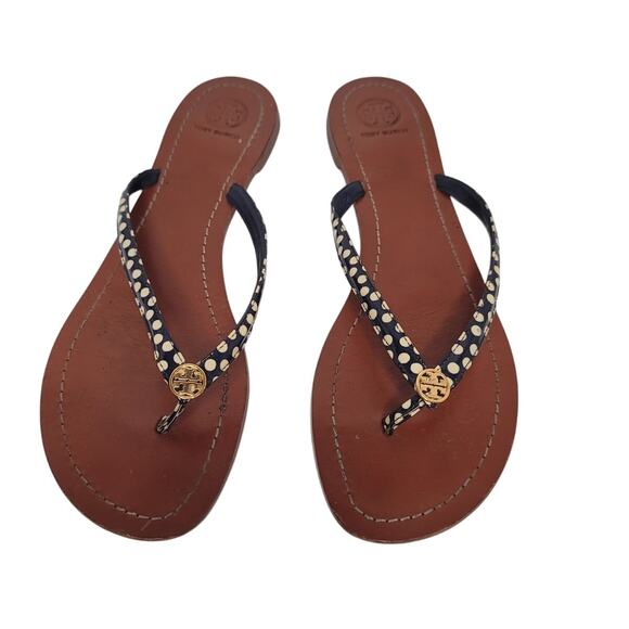 Tory Burch Terra thong patent leather sandals nautical dots gold logo size 11M - Picture 3 of 7